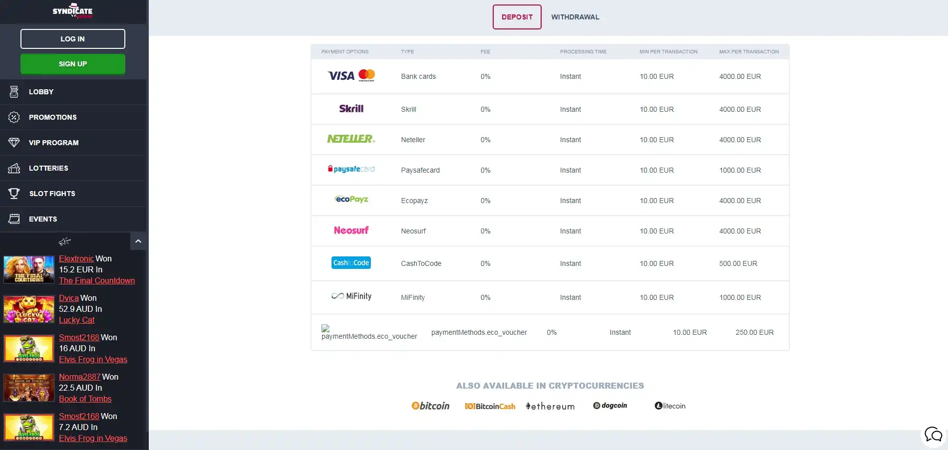 Syndicate Casino Payment Methods