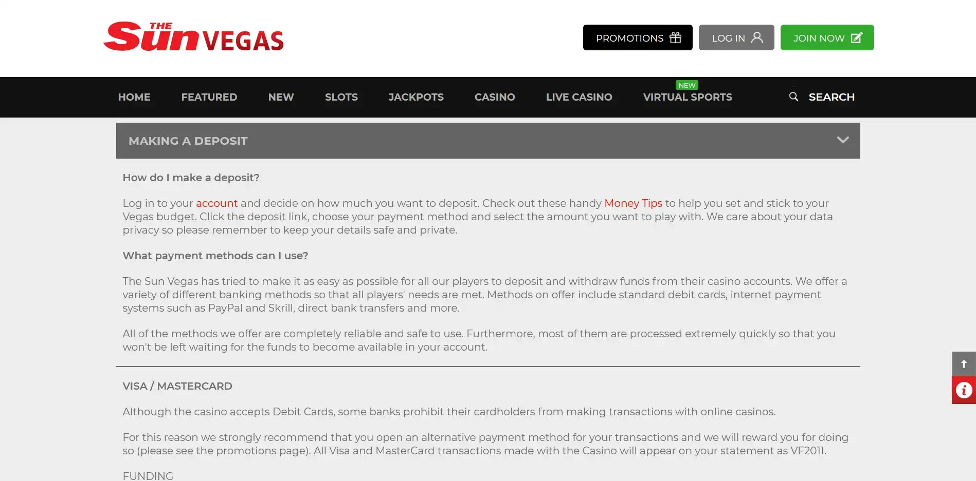 The Sun Vegas Casino Payment Methods