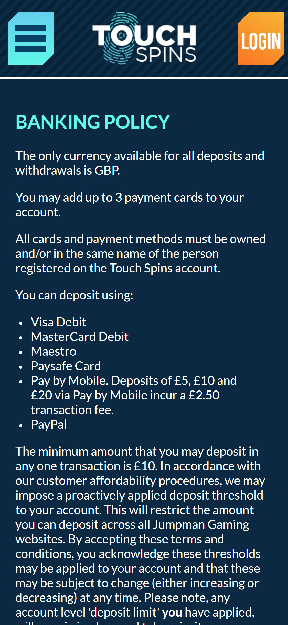 Touch Spins Casino Mobile Payment Methods Review