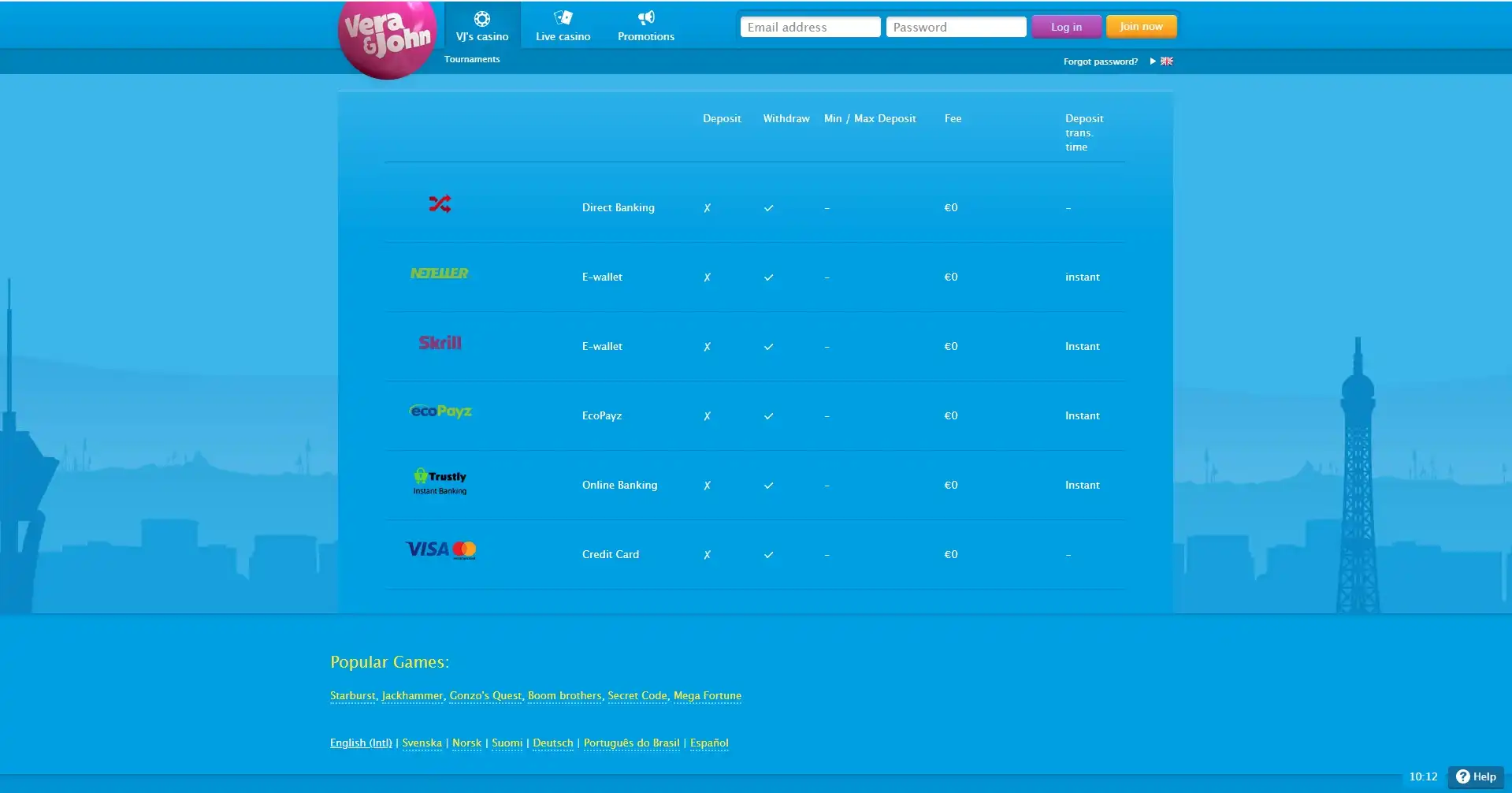 Vera & John Casino Payment Methods