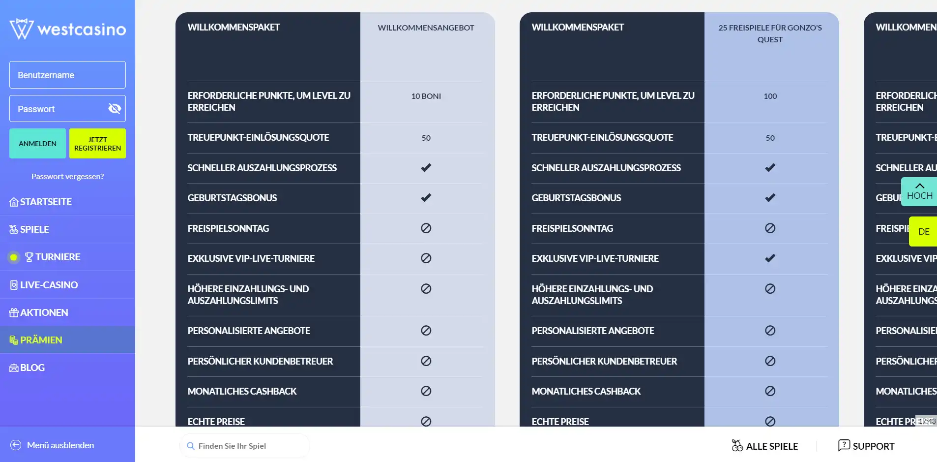 WestCasino Payment Methods