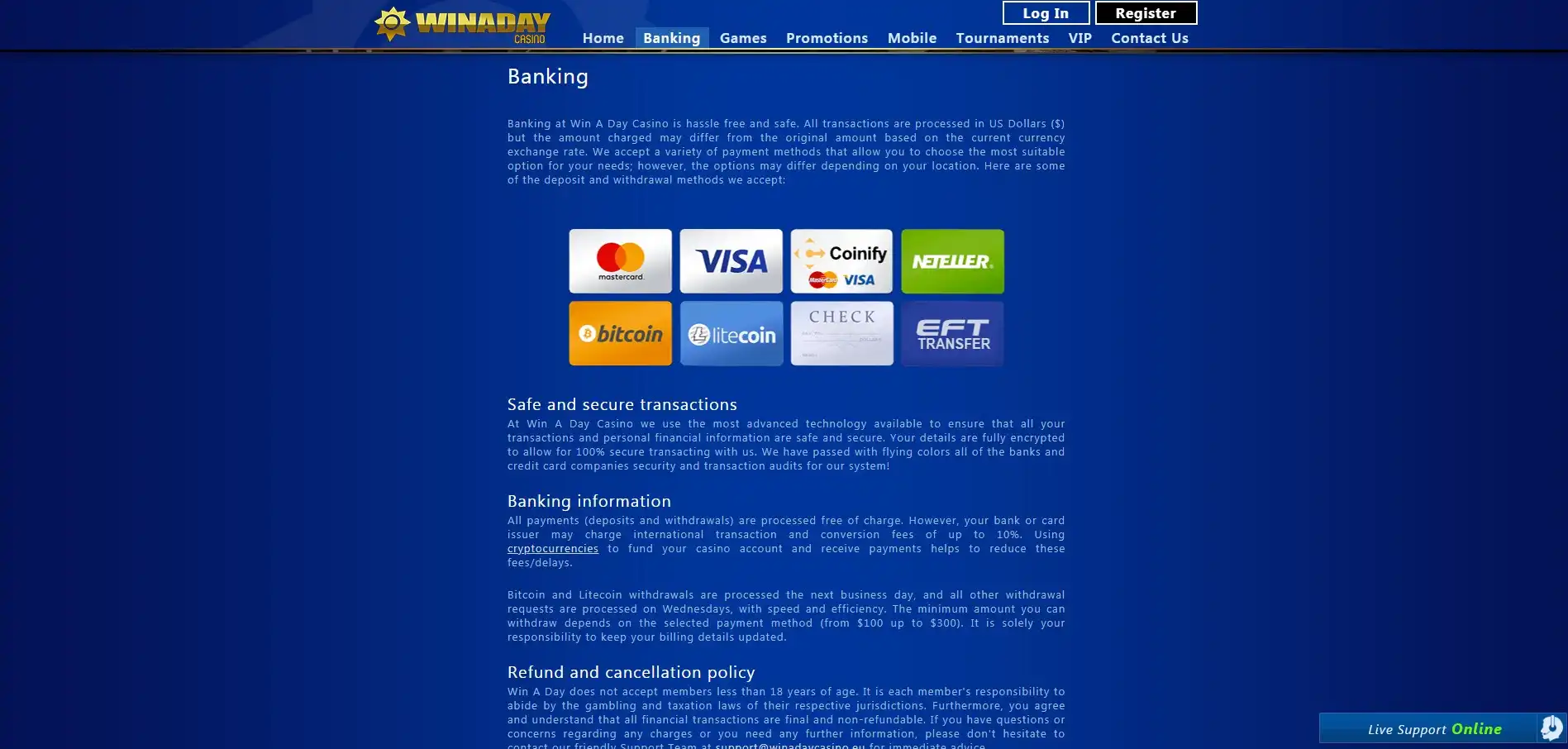 Win A Day Casino Payment Methods