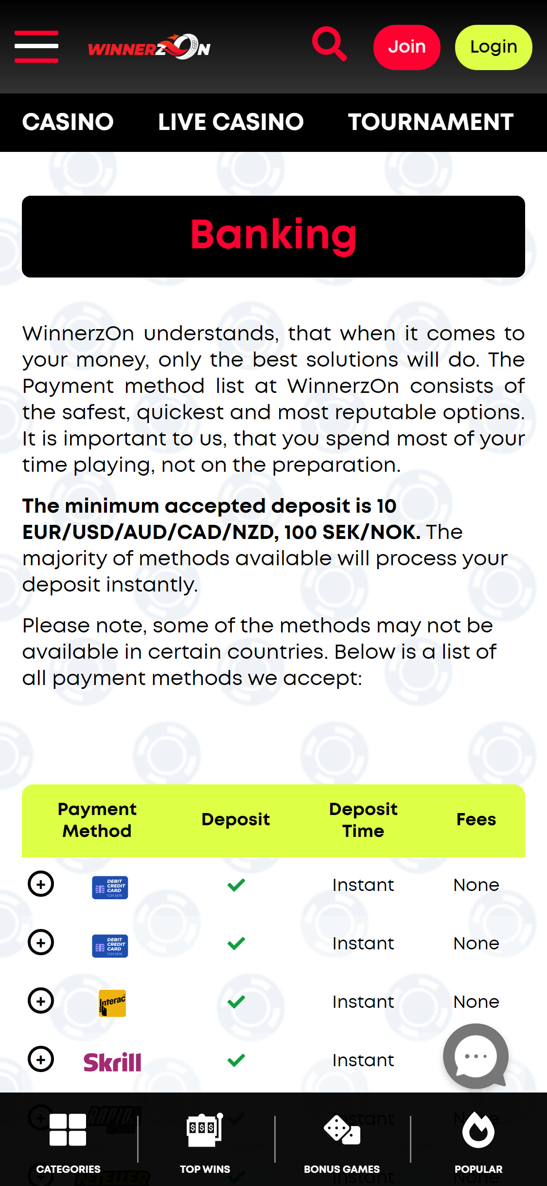 Winnerzon Mobile Payment Methods Review