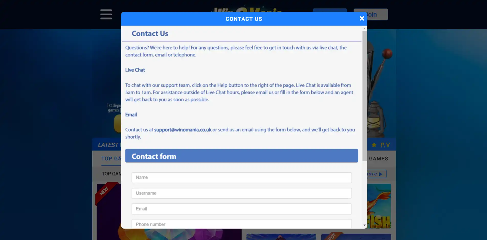 WinOMania Casino Support