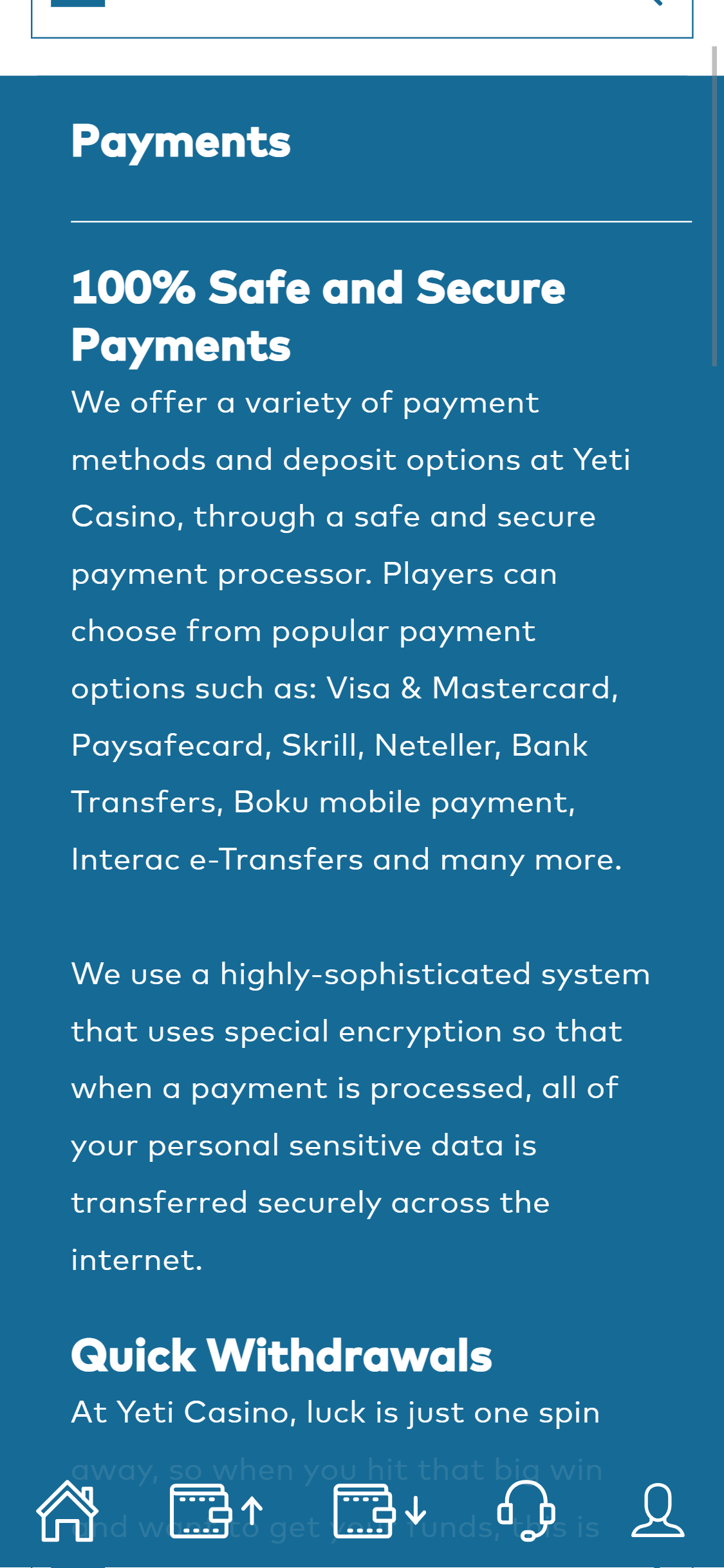 Yeti Casino Mobile Payment Methods Review